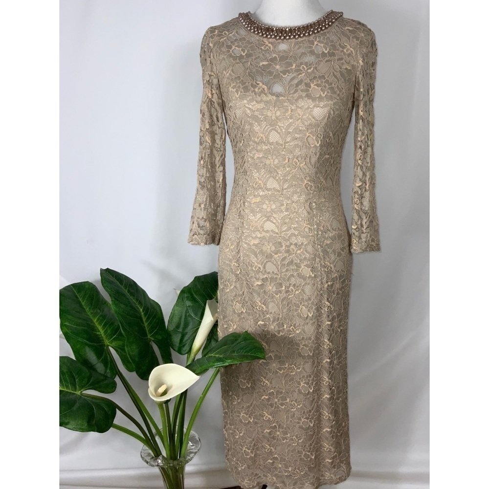 London Times Golden Tan Lace Overlay Midi Dress Rosegold Rhinestone Neck Size 4